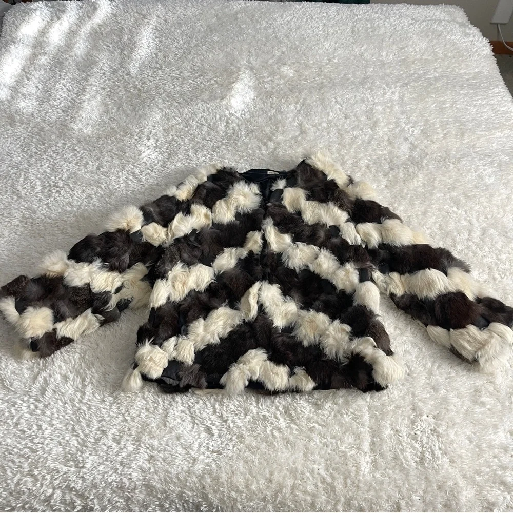 Vintage rabbit fur patchwork coat - size large, made in Korea - Picture 3 of 14